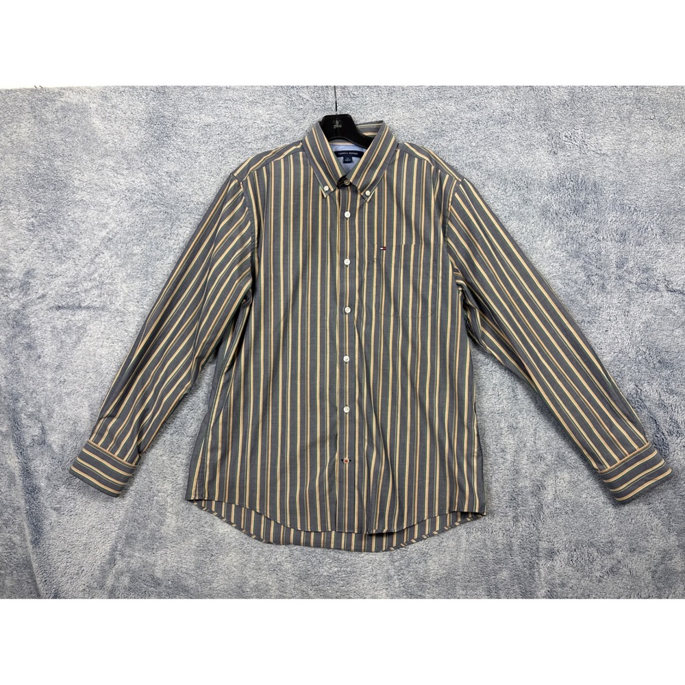 Tommy Hilfiger Mens L Blue Striped Button Down Shirt 78J0920 Long Sleeve Cotton